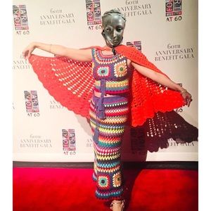 multi colored granny square crocheted top and skirt